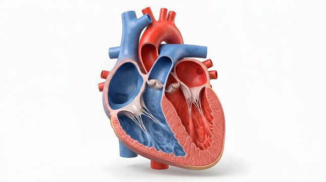 Anatomical cross section of a human heart showing internal structures and chambers with red and blue vessels isolated on a white background