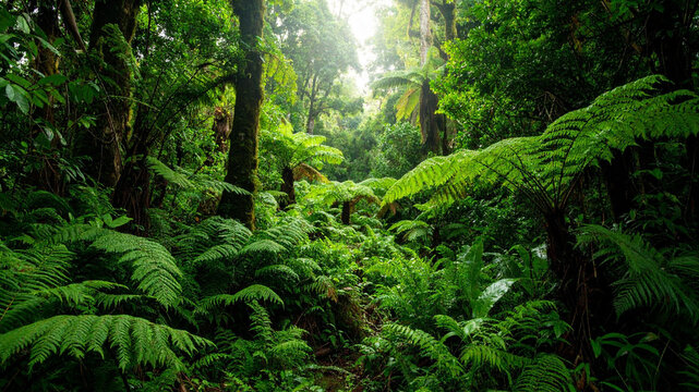 Lush tropical rainforest scene with vibrant green foliage and sunlight filtering through the canopy