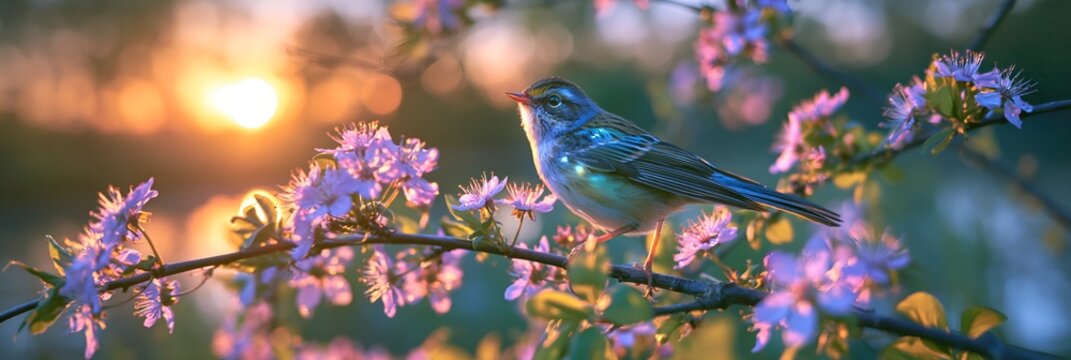 Golden light bathes a small bird perched on blossoms.