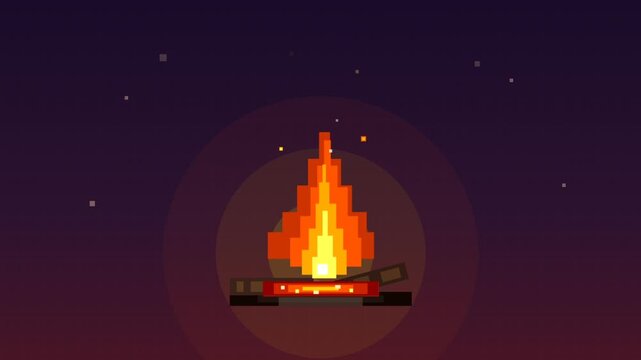 Pixelated Night Campfire Flames Cast Warm Glow.