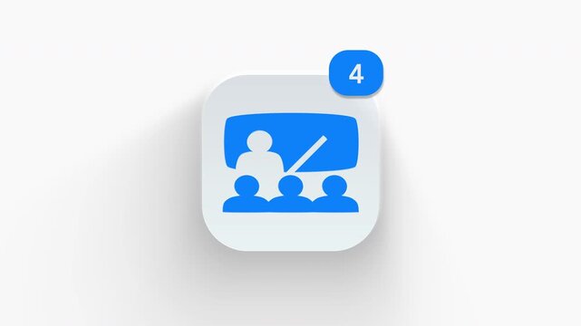 Training presentation room app icon featuring animated notification badge with number counter increasing 1 to 99, dynamic shadow effect, minimalist workshop lecture concept, on white background. 