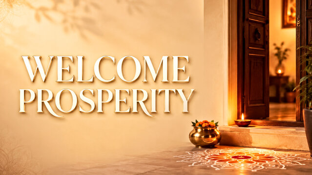 Welcome Prosperity Diwali Greeting with Rangoli, Diya and Traditional Indian Home Entrance