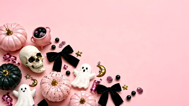 Pink Coquette Halloween Flat Lay with Pastel Pumpkins, Friendly Ghosts, Skull and Black Bows with Copy Space