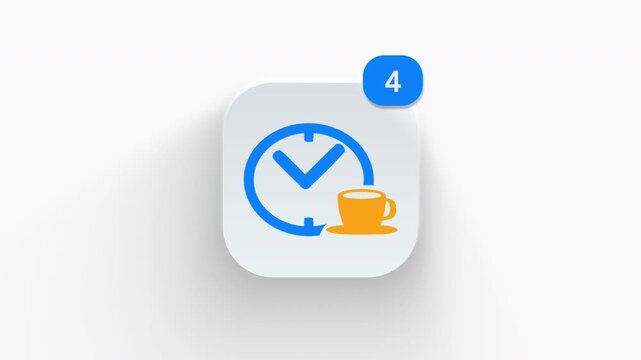 Coffee break clock app icon featuring animated notification badge with number counter increasing 1 to 99, dynamic shadow effect, minimalist rest leisure time concept, on white background. 