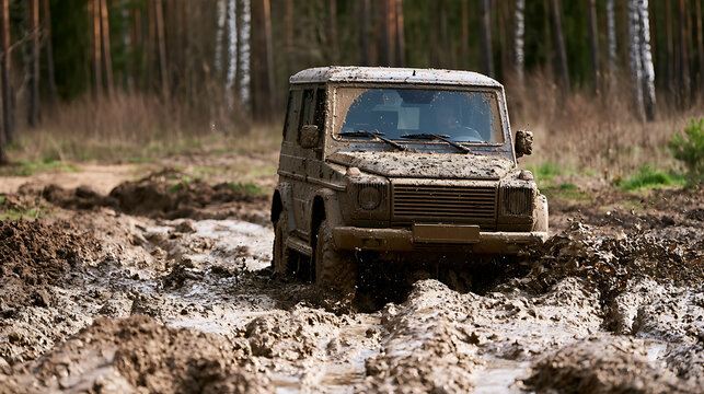 Rugged Off-Road Vehicle Navigates Deep Muddy Terrain in Forest, Adventure and Challenge, Outdoor Exploration