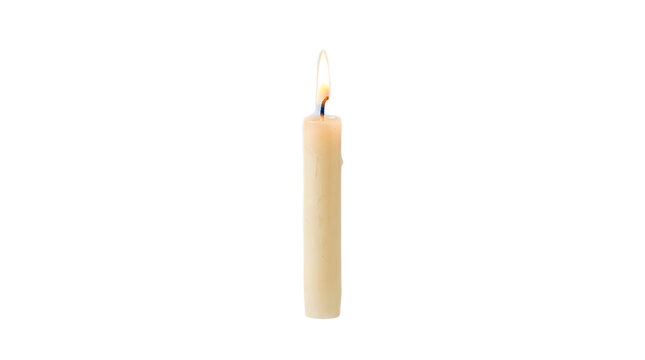 Isolated burning candle png, single wax taper flame glowing on transparent background.