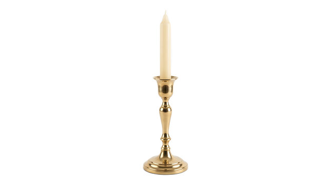 Elegant brass candlestick with white candle isolated on white background