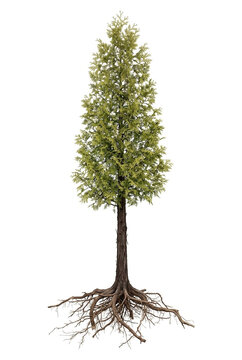 Atlantic White Cedar &mdash; Mature Atlantic White Cedar tree, tall slender evergreen tree with delicate flattened foliage, exposed visible roots, 2:3 ratio, isolated on seamless pure white background