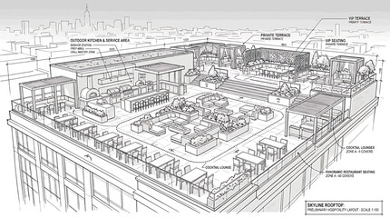 Obraz premium Skyline rooftop hospitality layout and terrace design sketch