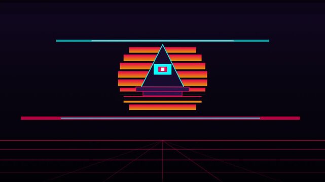 Glitch Neon Triangle Pyramid Logo In Retro Frames.