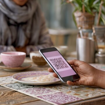 Using a smartphone to scan a QR code at a cafe table with a cup of drink beside