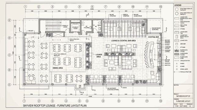 Detailed furniture layout plan for skyview rooftop