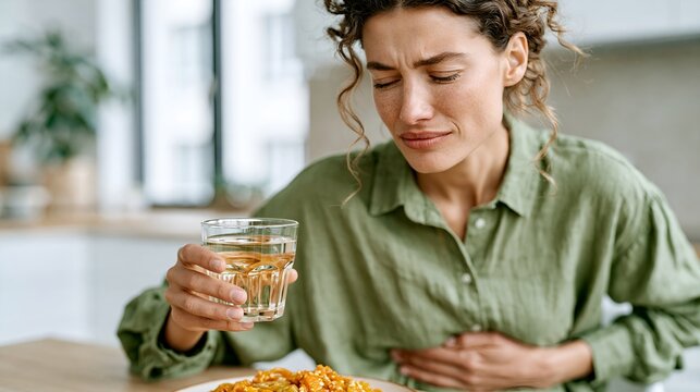 Woman holds glass of water, pained expression. She grips stomach, looks uneasy. Food sits on plate nearby, unattended
