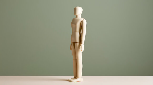 Minimalist wooden human mannequin figure stand on display, natural light, muted green wall, copy space, side view