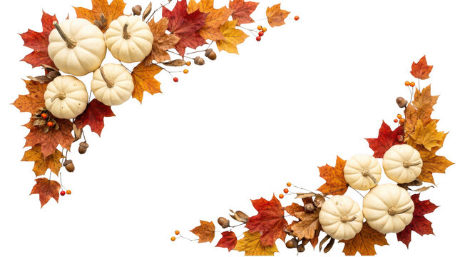 Autumn leaves and white pumpkins border frame for fall season decor isolated on transparent background