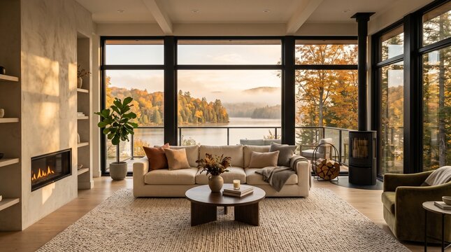Scenic fall lake fireplace in an interior room background for an online webinar virtual meeting; ideal for retirement home office setup with a computer desk, featuring water and trees visible through