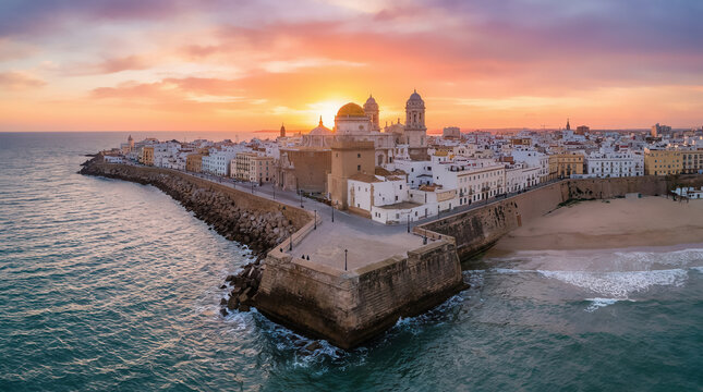 Scenic view of C?diz, Andalusia, Spain, with historic defensive walls and coastal bastion overlooking the Atlantic Ocean, C?diz Cathedral domes rising above the old city in the background.