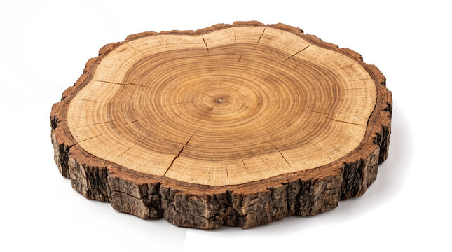 Large rustic cross section slice of a natural tree trunk displaying growth rings and bark