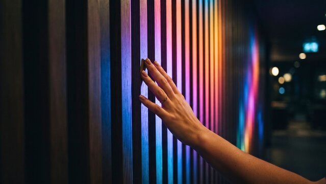 Human hand touching modern vertical wooden slats wall with colorful LED lighting abstract  background with flowing shapes and lines