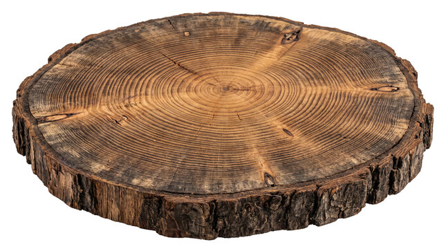Rustic natural wood slice cut from a tree trunk revealing distinct annual growth rings