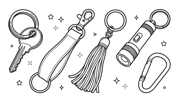 Keychain vector icon set featuring metal rings door key leather strap tassel decorative charm mini flashlight and carabiner daily carry pocket accessories