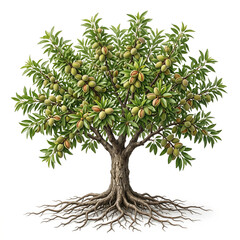 Fototapeta premium Mission Almond tree, mature full tree bearing abundant mature almonds surrounded by green hulls, exposed visible roots, 11 ratio, isolated on seamless pure white background