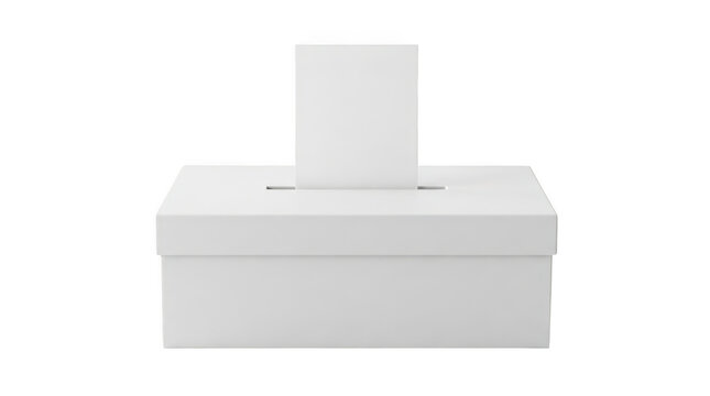 A ballot paper being inserted into a simple white voting box slot isolated on transparent background