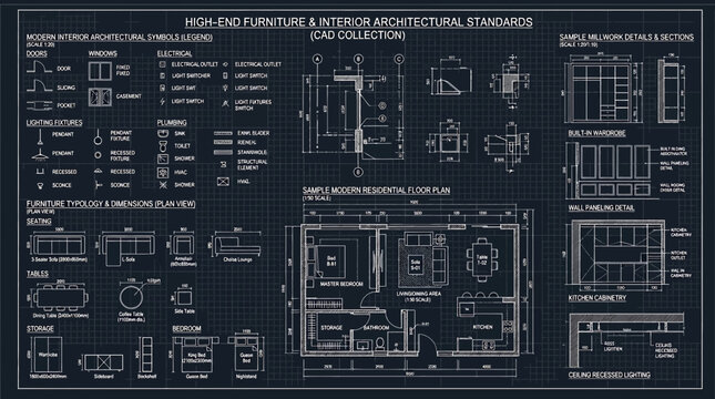 Highend furniture and interior architectural standards cad collection, modern symbols, floor plan and millwork details