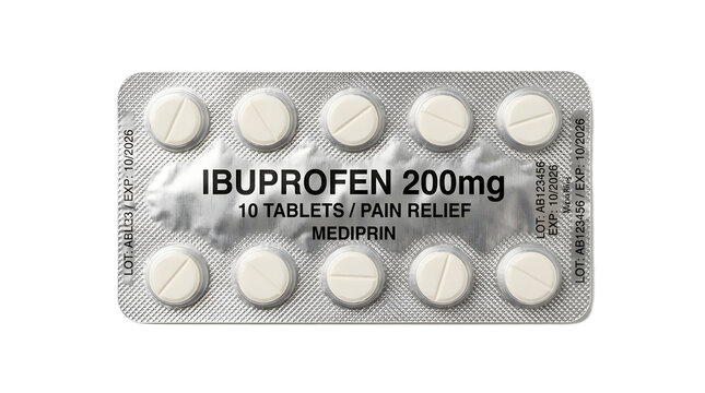 Isolated blister pack of ibuprofen tablets for pain relief and medical treatment