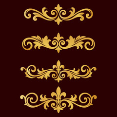 Set of golden vintage ornamental filigree decorations with fleur de lis element suitable for frames and borders designs. © The Artist