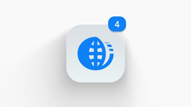 Light dark half earth globe app icon featuring animated notification badge with counter 1 to 99, dynamic shadow effect, minimalist global time zone concept, on white background. 