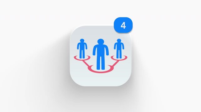 Connected base three people app icon featuring animated notification badge with counter 1 to 99, dynamic shadow effect, minimalist network team concept, on white background. 
