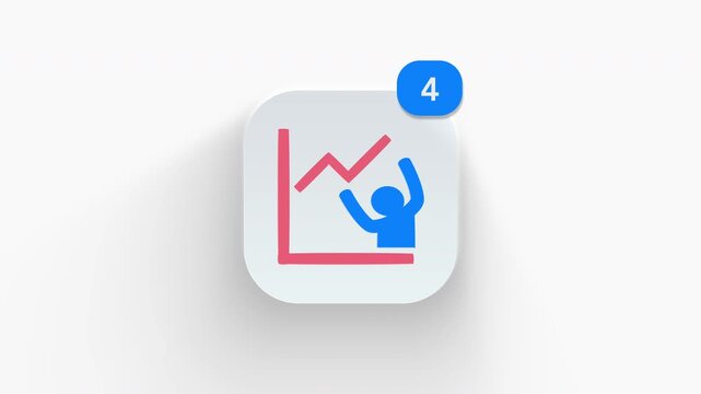 Pushing up line chart person app icon featuring animated notification badge with counter 1 to 99, dynamic shadow effect, minimalist effort growth concept, on white background. 