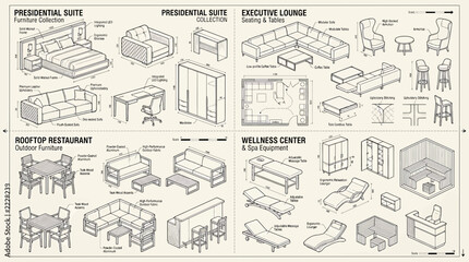 Fototapeta premium Furniture collection set for presidential suite executive lounge rooftop restaurant and wellness center