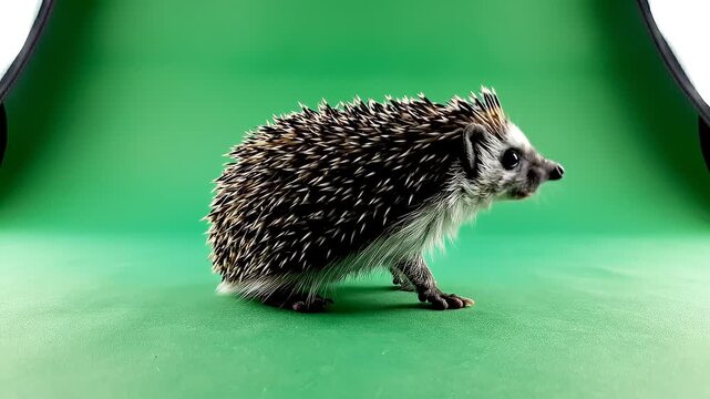 Hedgehog Walking and Sniffing on Green Screen Studio Background