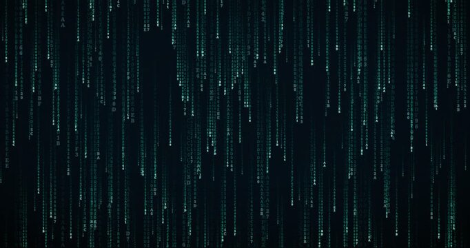 Hexadecimal code symbols cascade in a deep teal circuit animation, creating a futuristic matrix rain effect.