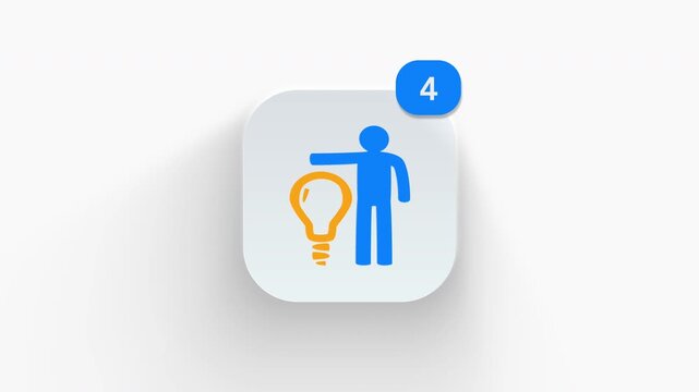 Person standing beside light bulb app icon featuring animated notification badge with counter 1 to 99, dynamic shadow effect, minimalist bright idea concept, on white background. 