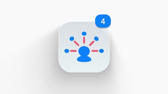 Mind ray sharing head app icon featuring animated notification badge with counter 1 to 99, dynamic shadow effect, minimalist idea broadcast concept, on white background. 