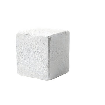 Minimalist white cube with rough stone texture, isolated geometric block for product display podium, plaster box pedestal mockup for 3D staging