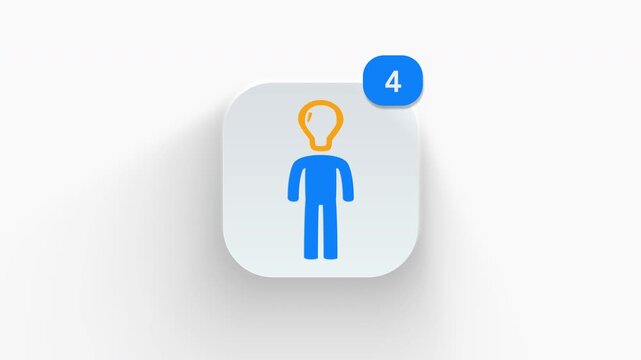 Light bulb head person app icon featuring animated notification badge with counter 1 to 99, dynamic shadow effect, minimalist creative thinker concept, on white background. 