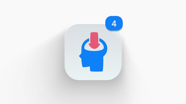 Download knowledge head profile app icon featuring animated notification badge with counter 1 to 99, dynamic shadow effect, minimalist data learning concept, on white background. 