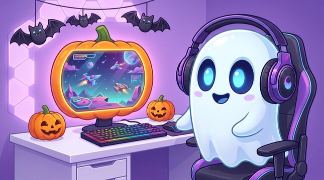Cute ghost gamer playing video games on pumpkin monitor. Halloween gaming setup with bats and pumpkins. Spooky cartoon character streaming.