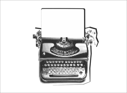 Collage element of a vintage typewriter with a blank paper sheet, halftone newspaper style on transparent background, writing and journalism concept, hand drawn illustration