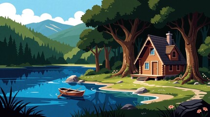 Fototapeta premium Cartoon illustration of cozy wooden cabin near blue lake. Small cottage sits among tall trees, green hills. Rowing boat floats on calm water surface. Peaceful forest landscape for summer camping,
