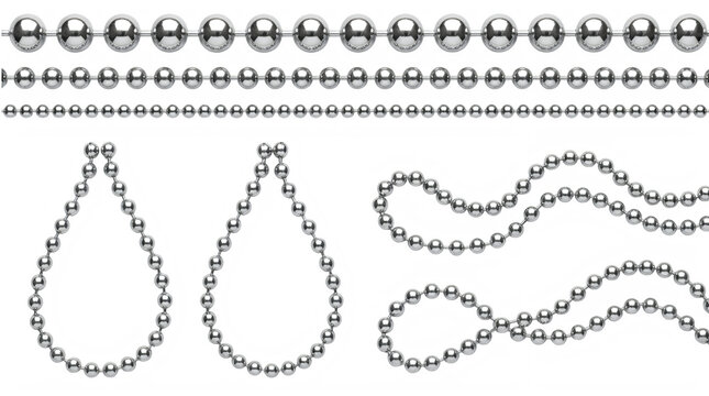 Set of realistic silver ball chains and metallic bead necklaces isolated on white background