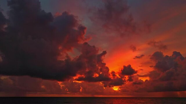 Scenic coastal landscape capturing waves rolling onto a sandy beach under a glowing sunset sky. The rich colors and dynamic cloud formations create a powerful yet calming ocean atmosphere