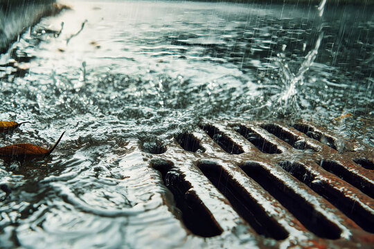Rainwater flows into a storm drain hatch during a heavy downpour in a quiet urban area