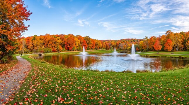 Beautiful fall landscape and cloudy sky. Autumn panorama - yellowed trees in city park in cloudy weather. Pond with fountains in South Park, Wroclaw Poland.