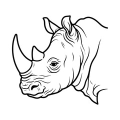 Fototapeta premium Line art illustration of a rhinoceros head in profile view, black and white drawing, simple, isolated on white background, graphic resource.