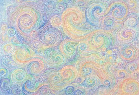 Abstract artistic background featuring handdrawn colorful swirling patterns created with pencils in a soft pastel palette for creative design and illustration projects